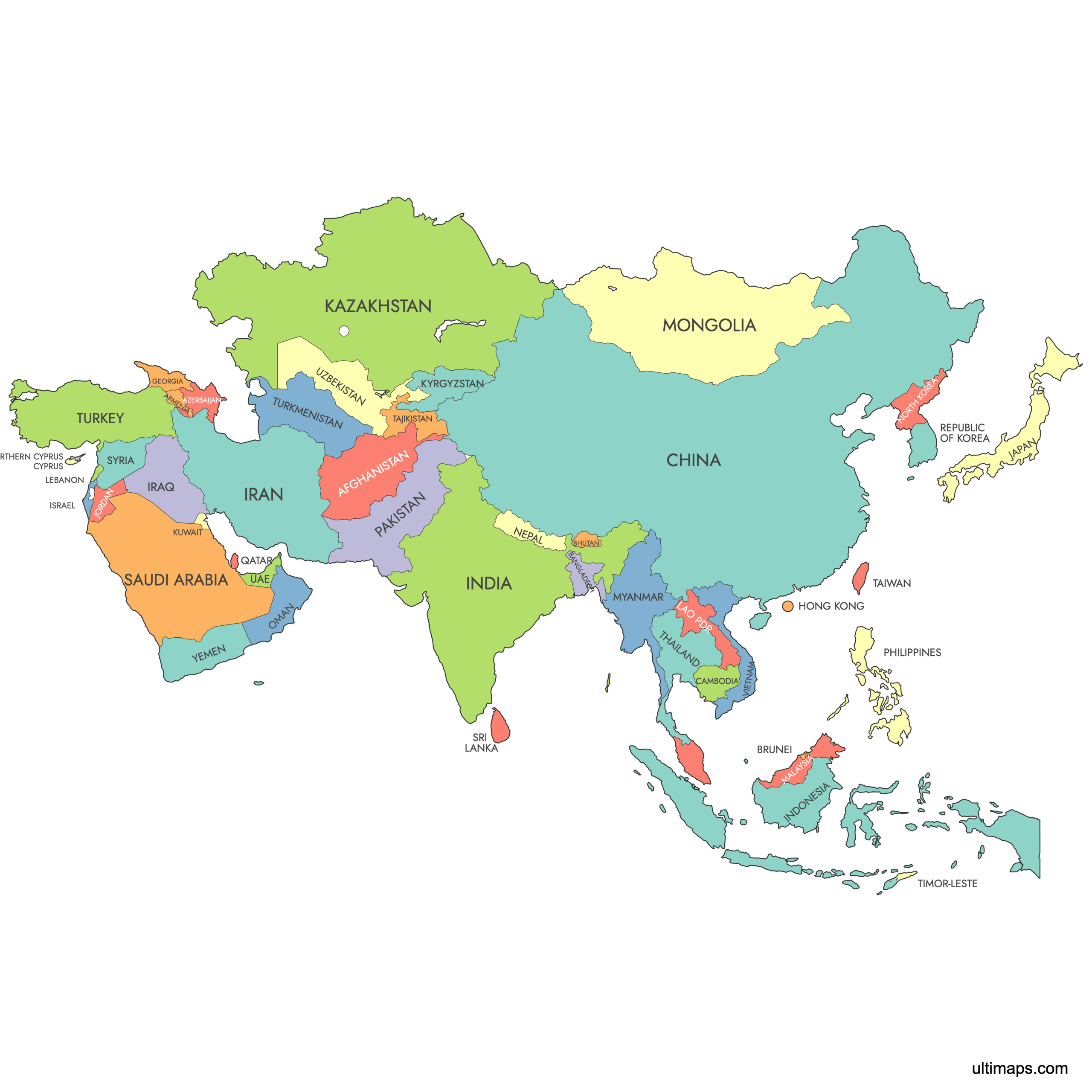 Labeled Asia Map with Countries